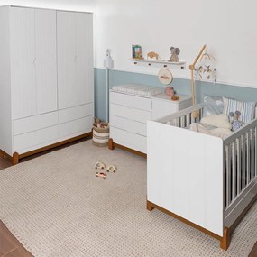 Kit Quarto Infantil Lotus - Berço Mini Cama com Frisos + Cômoda 4 Gavetas e 1 Porta + Guarda-Roupa 4 Portas e 4 Gavetas - Branco Fosco