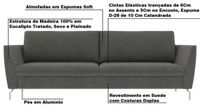 Sofá Decorativo Sala de Estar 190cm Olívia Suede Grafite G52 - Gran Belo