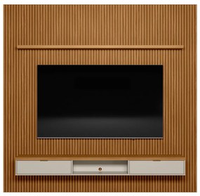 Painel para TV até 75 Polegadas Ripado Marisa com Nicho Bancada Nature e Off White 258x250 cm L04 - D'Rossi