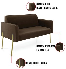 Sofá Namoradeira e 2 Poltronas Pé de Ferro Dourado Marisa Suede D03 - D'Rossi - Marrom