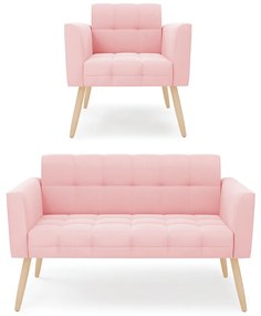 Kit 1 Sofá Namoradeira e 1 Poltrona Elisa Suede Rosa Bebê Pés Palito Natural - D'Rossi
