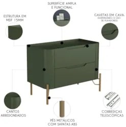 Mesa Cabeceira Quarto 68cm 2 Gavetas Becca Musgo/Dourado I06 - Mpozena