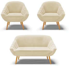 Kit 01 Namoradeira 02 Lugares e 02 Poltronas Giovana Linho Bege A19 Pés Palito Castanho - Indo Decorar