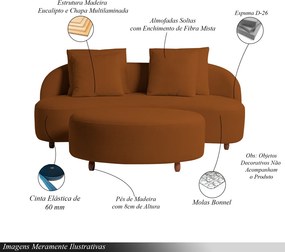 Sofá Living Sala de Estar Rocca 232cm com Puff Pés Madeira Linho Rústico Telha G92 - Gran Belo