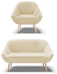Kit 01 Namoradeira 02 Lugares e 01 Poltrona Giovana Linho Bege A19 Pés Palito Natural - Indo Decorar