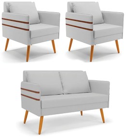 Kit 01 Namoradeira 02 Lugares e 02 Poltronas Mari Linho Cinza A05 Pés Palito Castanho - D'Rossi