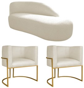 Kit Divã Luna 185cm Lado Direito e 02 Poltronas Base de Ferro Dourado Linho