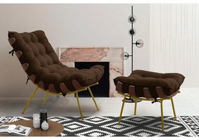 Kit 2 Puffs Decorativos Sala de Estar Abel Base de Madeira Dourada Suede Marrom G41 - Gran Belo