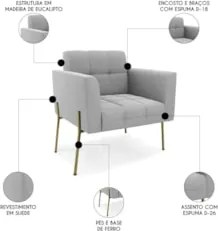 Poltrona Para Sala Pé Metal Dourado Kit 2 Ana Suede Cinza - Ibiza