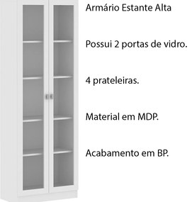 Armário Estante Alto Porta de Vidro ME4115 MDP Branco G69