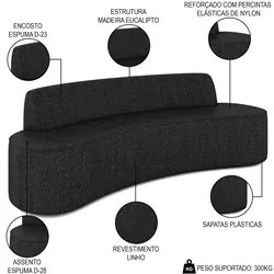 Sofá 3 Lugares para Sala de Estar Living 210cm Koane D06 Linho Preto -