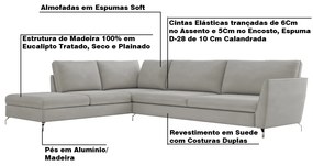 Sofá de Canto Chaise Esquerdo 287 cm Olívia Suede Cinza G52 - Gran Belo