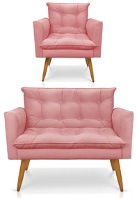 Kit 1 Sofá Namoradeira e 1 Poltrona Tais Suede Pés Palito Castanho - D'Rossi - Rose