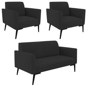 Sofá Namoradeira com 2 Poltronas Pés Villach Marisa Veludo D03 - DRossi - Preto