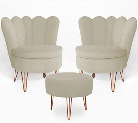 Conjunto 2 Poltrona Dália com Puff Chloe Pés Hairpin Legs Bronze Veludo Bege