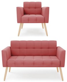 Kit 1 Sofá Namoradeira e 1 Poltrona Elisa Suede Pés Palito Natural - D'Rossi - Rose