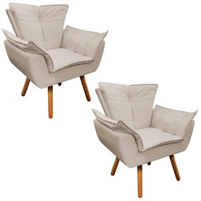 Poltrona Sala de Estar Pé Palito de Madeira Kit 2 Opala Corino D03 - D'Rossi - Bege