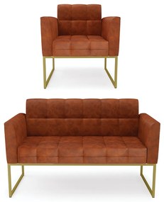 Kit 1 Sofá Namoradeira e 1 Poltrona Elisa Corano Nozes Base Metálica Industrial Dourado - D'Rossi