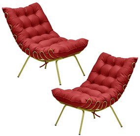 Kit 2 Poltronas Decorativas Sala de Estar Abel Base de Ferro Dourada Suede Vermelho G41 - Gran Belo