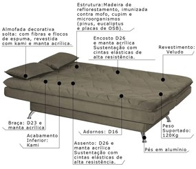 Sofá Cama Sala de Estar 193cm Belinda com Pés Alumínio Veludo Marrom Claro G45 - Gran Belo