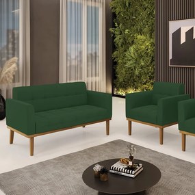 Conjunto Poltrona e Namoradeira Decorativas Karen Pés Fixo em Madeira Castanho Veludo Verde Esmeralda G19 - Gran Belo