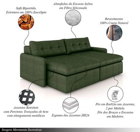 Sofá Retrátil Bipartido Sala de Estar Belém 224cm Couro Verde Manchado G52 - Gran Belo