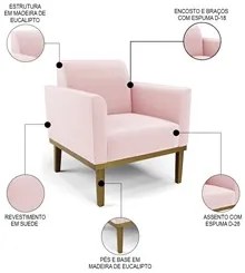 Poltrona Base Madeira Castanho Kit 2 Maressa Suede Rosa Bebê - Ibiza