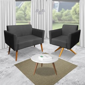 Kit 01 Namoradeira 02 Lugares e 02 Poltronas Marisa Suede Preto Base Giratória Madeira MA30 D'Rossi