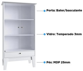 Cristaleira Retrô 3 Portas de Vidros 3 Prateleiras - Branco