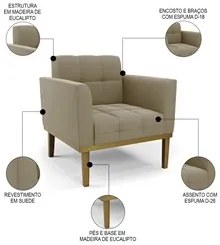 Sofá Namoradeira e 2 Poltronas Base Madeira Castanho Ana Suede Marrom