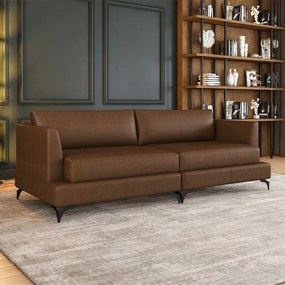 Sofá Living Bipartido 250cm Indonésia Pés de Ferro Couro Caramelo Manchado G52 - Gran Belo