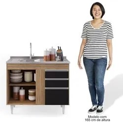 Balcão Gabinete Com Pia Inox 100cm 2 Portas 2 Gavetas Luziania Castanh