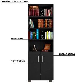 Estante de Livros para Escritório Home Office Portas Pequenas Alf Preto Texturizado G47 - Gran Belo