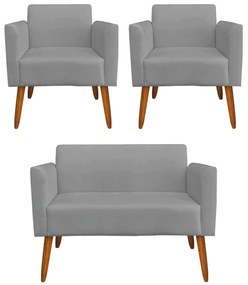 Conjunto Namoradeira e 2 Poltronas Decorativas Isabella Pés Palito Madeira Suede Grafite G19 - Gran Belo