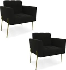 Poltrona Para Sala Pé Metal Dourado Kit 2 Ana Suede Preto - Ibiza