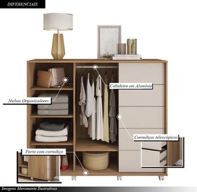 Cômoda Ripado Tulia 136cm 2 Portas 5 Gavetas MDP Buriti/OffWhite G11 - Gran Belo
