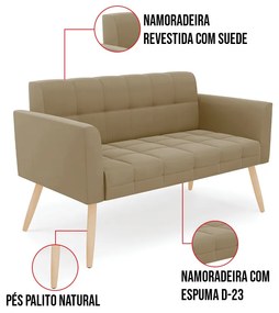 Kit 1 Sofá Namoradeira e 1 Poltrona Elisa Suede Pés Palito Natural D03 - D'Rossi - Marrom Rato