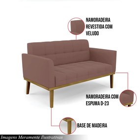 Poltrona Namoradeira Decorativa Karen Pés Fixo em Madeira Castanho Veludo Rose G19 - Gran Belo