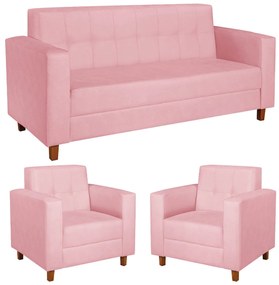 Kit Sofá 2 Lugares e 2 Poltronas Denver Suede Rosa Bebê - ADJ Decor