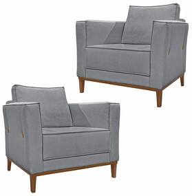 Kit 2 Poltronas Decorativas Pés em Madeira Tarantino Linho Cinza G63 - Gran Belo