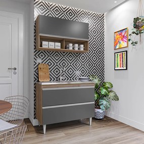 Conjunto Balcão de Cozinha Armário Aéreo Wollo MDP/BP Freijó/Grafite G96 - Gran Belo