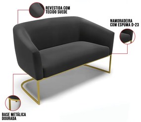Sofá 2 Lugares Namoradeira Industrial Dourado Stella Suede D03 - D'Rossi - Preto