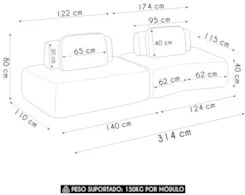 Sofá Ilha 314cm 2 Módulos Sala de Estar Moby Boucle Creme Z08 - Mpozen