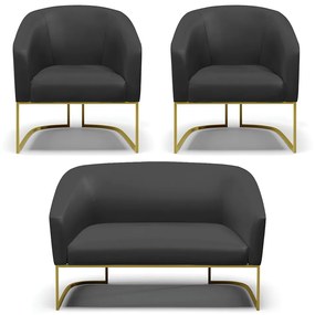 Namoradeira e 2 Poltronas Industrial Dourado Stella Sintético D03 - D'Rossi - Preto