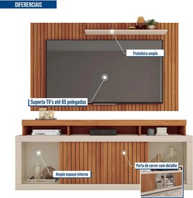 Painel TV 60 Pol 180cm e Bancada com Rodízio Sala Navel C01 - D'Rossi - Freijó/Off White