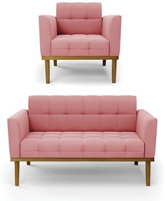 Namoradeira com Poltrona Base de Madeira Castanho Elisa Suede D03 - D'Rossi - Rose