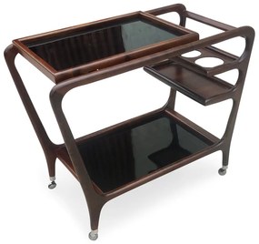 Carrinho Bar Vintage Fórmica Tampo Bandeja Suporte para 3 Garrafas Estrutura Madeira Maciça Eucalipto Design Retrô com Rodízios