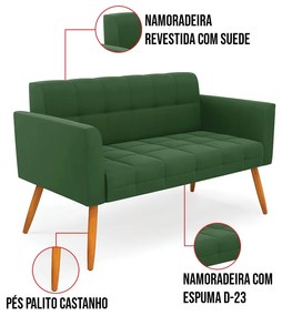 Kit 1 Sofá Namoradeira e 2 Poltronas Elisa Suede Verde Pés Palito Castanho D03 - D'Rossi