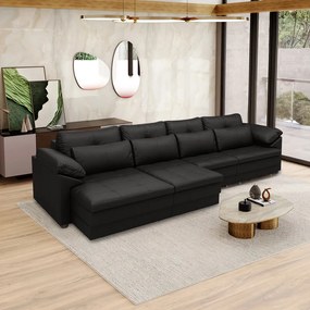 Sofá Retrátil Elétrico Sala de Estar Nolan Bipartido 379cm Conforto Premium em Couro Preto Brilho G58 - Gran Belo