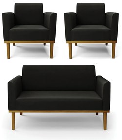 Conjunto 2 Poltronas e 1 Namoradeira Decorativa Isabella Pés Fixo em Madeira Castanho Suede Preto G19 - Gran Belo